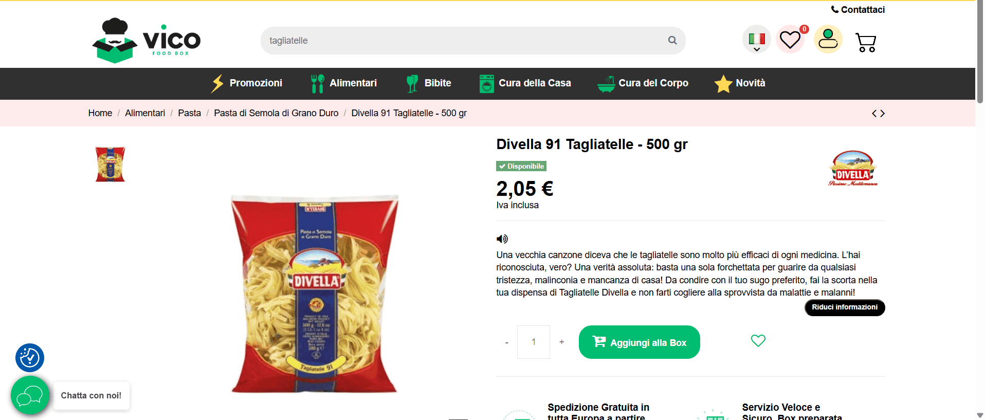 screen della scheda prodotto delle tagliatelle Divella 