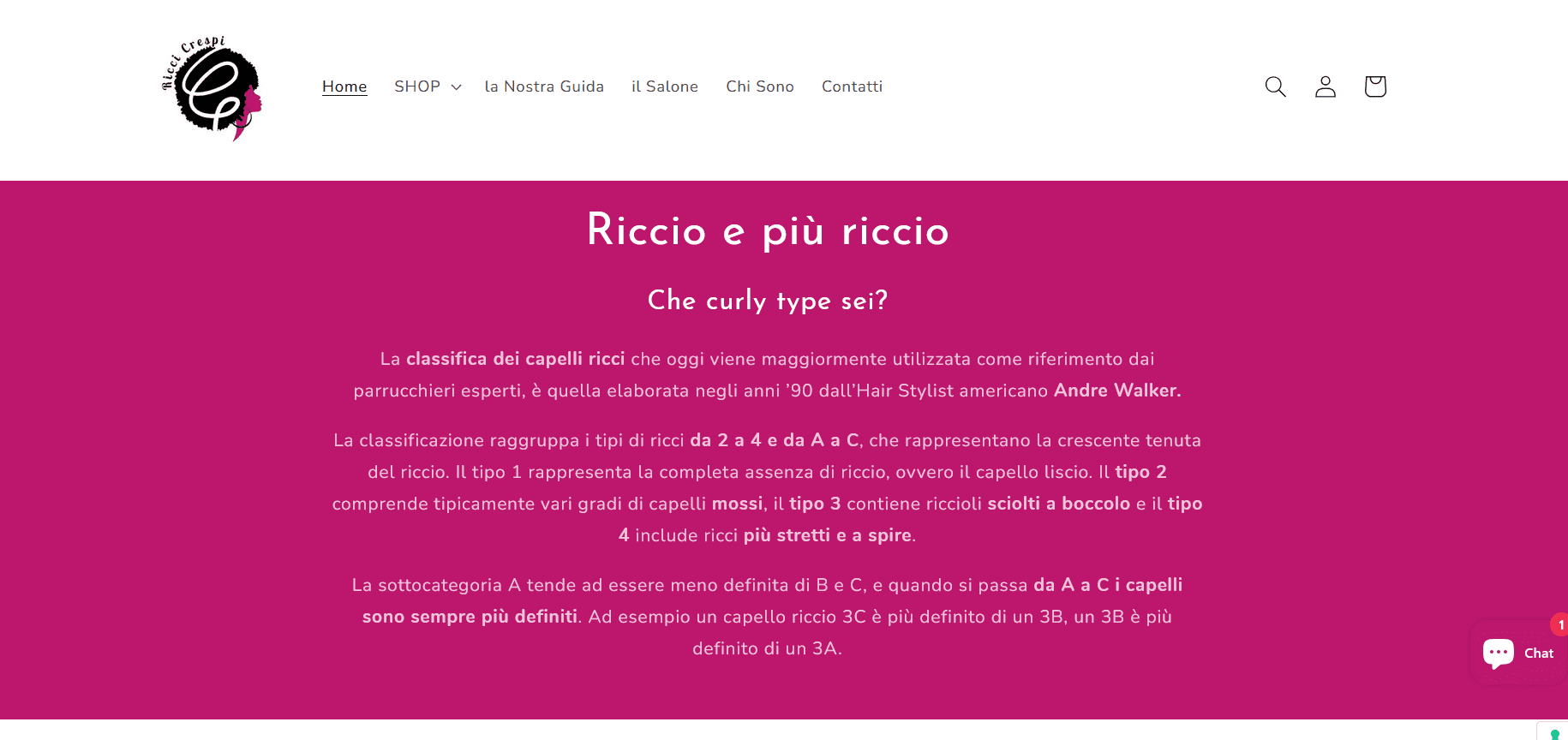 screen della sezione “Che curly type sei?” dove sono illustrati i vari tipi di riccio